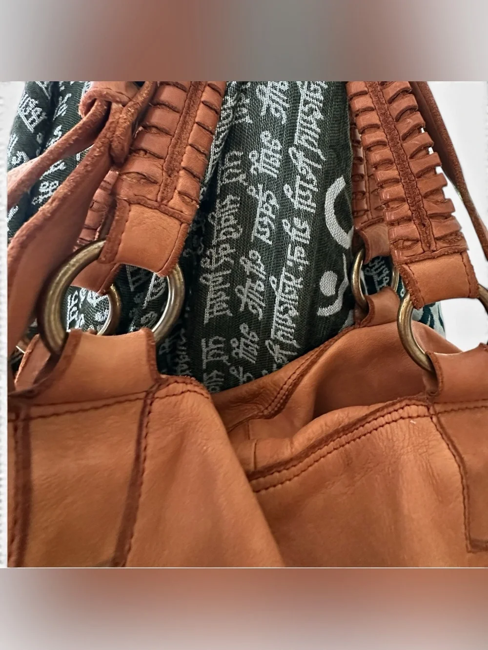 ERRELLEVENTIDUE Made in Italy Tan Laser Cut Leather Hobo Bag Top Zipper Dust Bag